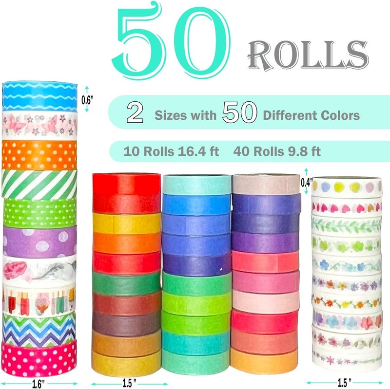 BLEDS 50 Rolls Washi Tape Set, Colored Decorative Washi Tapes Kit 15mm & 10mm Wide with 2 Adhesive Rollers, Masking Tapes for Decorative Craft Wrapping Planner Notebook Journaling Bullet - Image 2